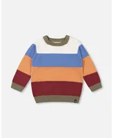 Boy Knitted Raglan Sweater Red Wine, Burnt Orange And Oatmeal Stripe