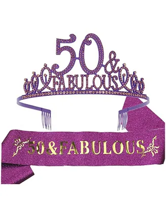 Meant2tobe 50 Birthday,50th Birthday Gifts for Women,50th Birthday Tiara Purple,50 and Fabulous,50 Birthday Tiara for Women,50 Crown and Sash,50th Bir