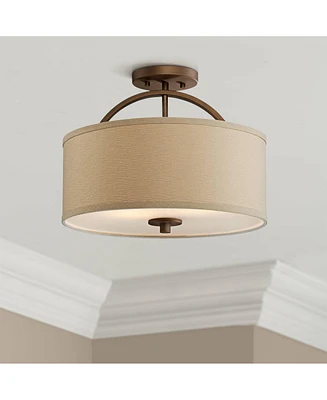 Possini Euro Design Halsted Mid Century Modern Ceiling Light Semi-Flush Mount Fixture Brushed Bronze 15" Wide Oatmeal Linen Drum Shade for House Bedro