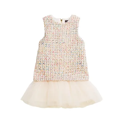 Imoga Collection Little Girls Nova FW23 Confetti Novelty Jacquard, Tweed, Pleated Mesh Dress