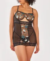 iCollection Plus 2 Piece Underwire Chemise Lingerie Set - Teal