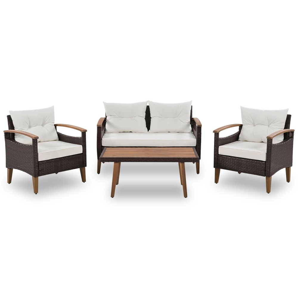 4-Piece Garden Furniture, Patio Seating Set, Pe Rattan Outdoor Sofa Set, Wood Table And Legs