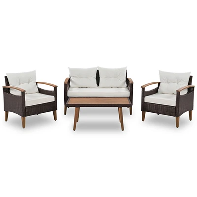 Streamdale Furniture 4-Piece Garden Furniture, Patio Seating Set, Pe Rattan Outdoor Sofa Set, Wood Table And Legs