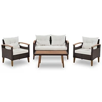 4-Piece Garden Furniture, Patio Seating Set, Pe Rattan Outdoor Sofa Set, Wood Table And Legs