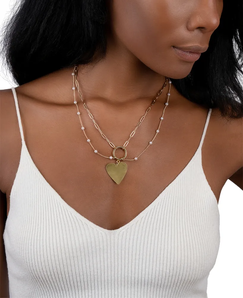 Adornia 14k Gold-Plated Paperclip Chain & Mother-of-Pearl Draping Heart Pendant Statement Necklace, 18" + 3" extender