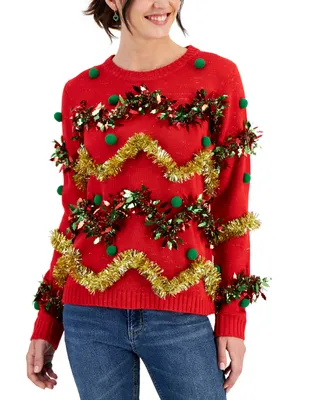 Planet Heart Juniors' Embellished Tinsel Long-Sleeve Sweater