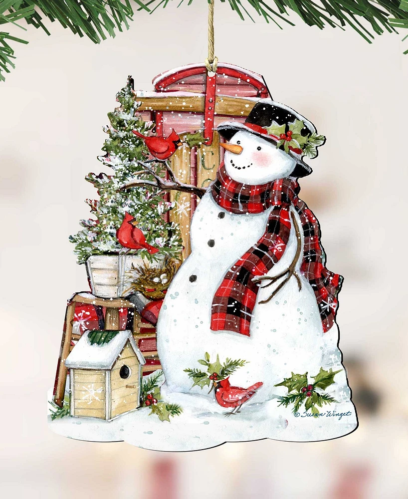 Designocracy Holiday Wooden Ornaments Snowman with Cardinals Home Decor Set of 2 S. Winget