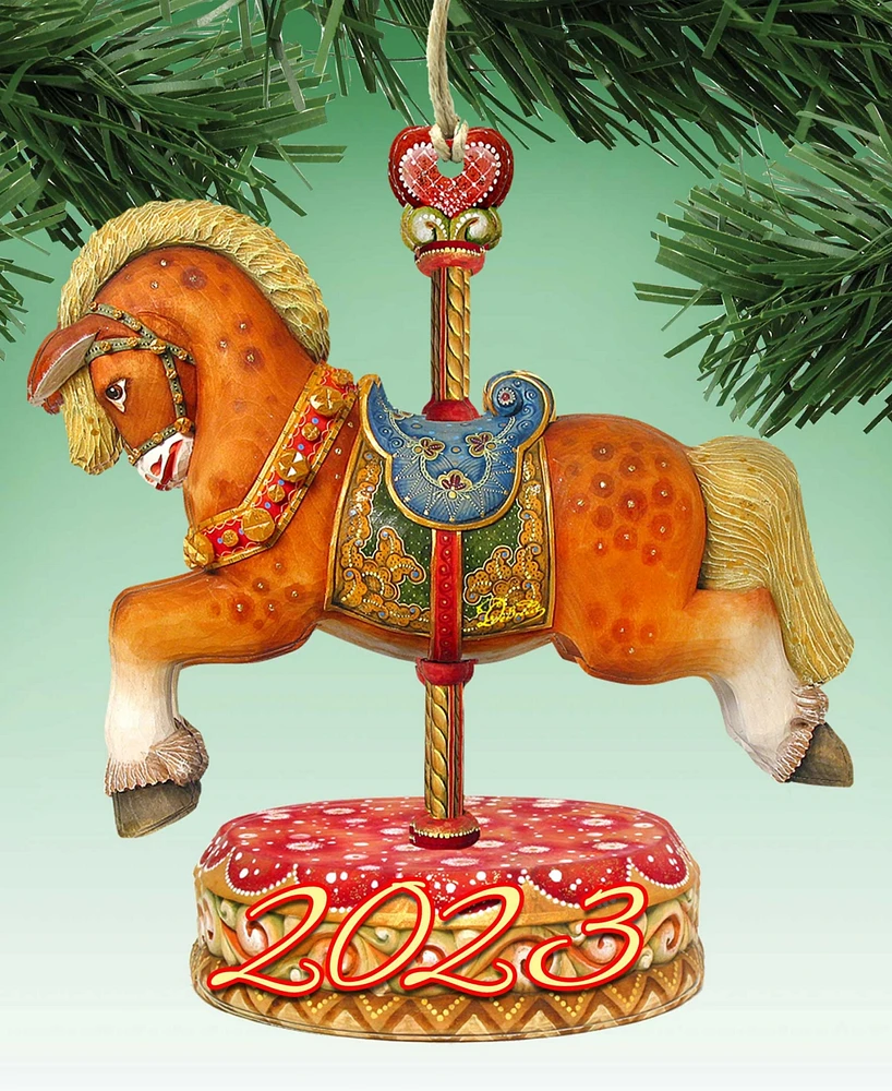 Designocracy Dated Carousel Horse Christmas Wooden Ornaments Holiday Decor Set of 2 G. DeBrekht