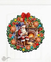 Designocracy Santa at the Fireplace Wreath Christmas Wooden Door Hanger Door Decor G. DeBrekht