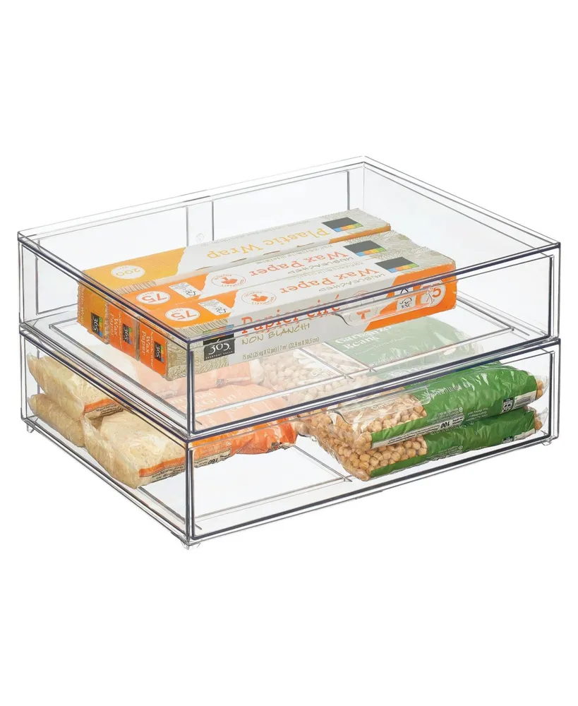 MDesign Stacking Plastic Storage Kitchen Bin with Pull-Out Drawer, 4 Pack,  Clear