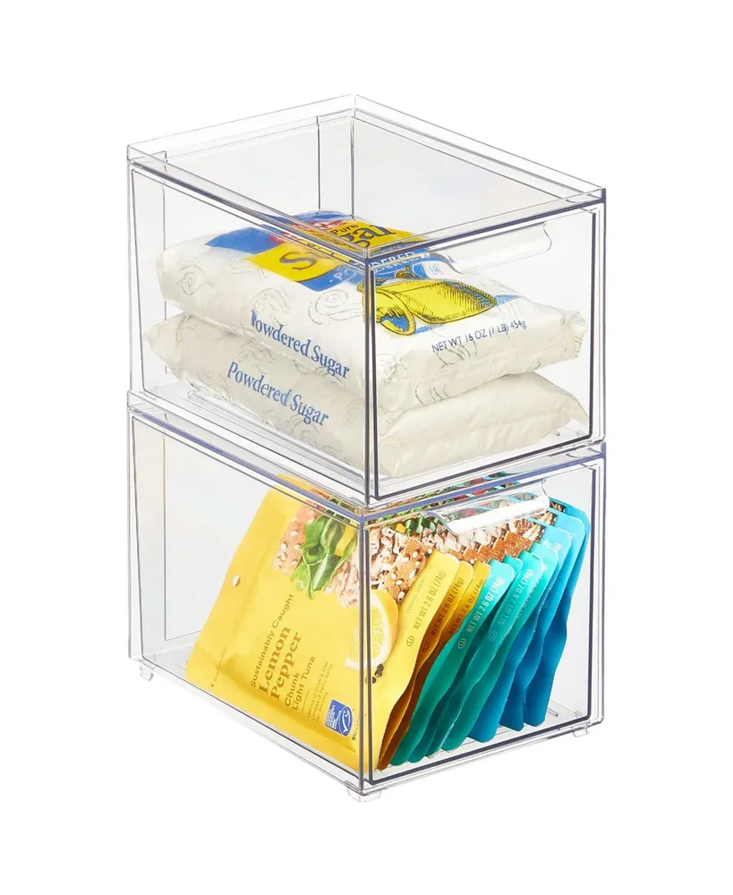 MDesign Plastic Stackable Kitchen Pantry Organizer with Drawer - 2 Pack -  Clear