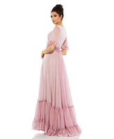 Mac Duggal Women's Butterfly Ruffle Trimmed Sleeve Wrap Over Flowy Gown