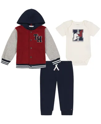 Tommy Hilfiger Baby Boys Monogram Bodysuit, Colorblock Fleece Jacket and Joggers, 3-Piece Set
