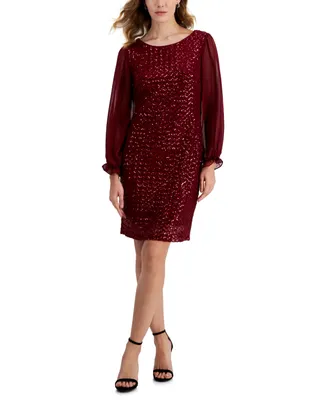 Connected Petite Sequined Long-Sleeve Sheath Dress