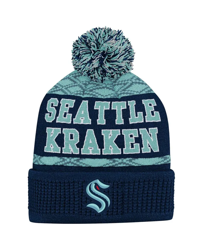 Big Boys and Girls Deep Sea Blue Seattle Kraken Puck Pattern Cuffed Knit Hat with Pom