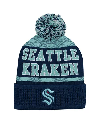Big Boys and Girls Deep Sea Blue Seattle Kraken Puck Pattern Cuffed Knit Hat with Pom