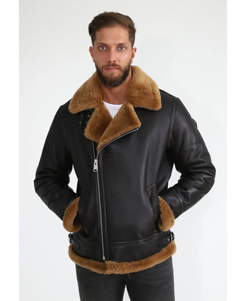 Furniq Uk Men's Shearling Biker Jacket, Silky Brown With Ginger Wool