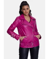 Furniq Uk Women's Genuine Leather Belted Biker Jacket,Nappa Navy