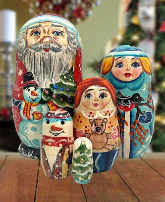 Designocracy Santa Family Matryoshka Nesting Hand-Painted Doll Set of 5 by G. DeBrekht