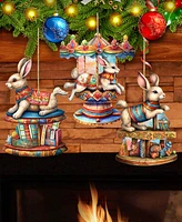 Designocracy Carousel Bunnies Christmas Wooden Ornaments Holiday Decor Set of 3 G. DeBrekht