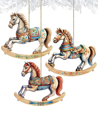 Designocracy Rocking Horses Christmas Wooden Ornaments Holiday Decor Set of 3 G. DeBrekht