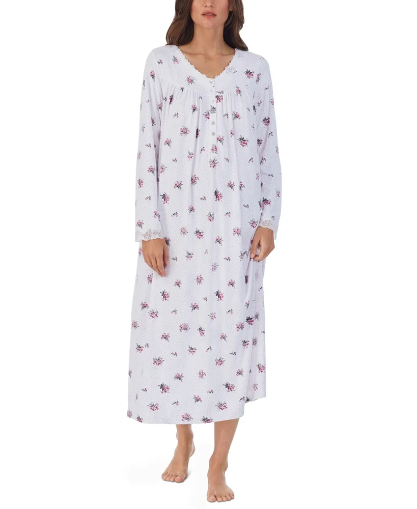Eileen West Floral Print Soft Cotton Knit Round Neck Cap Sleeve Nightgown