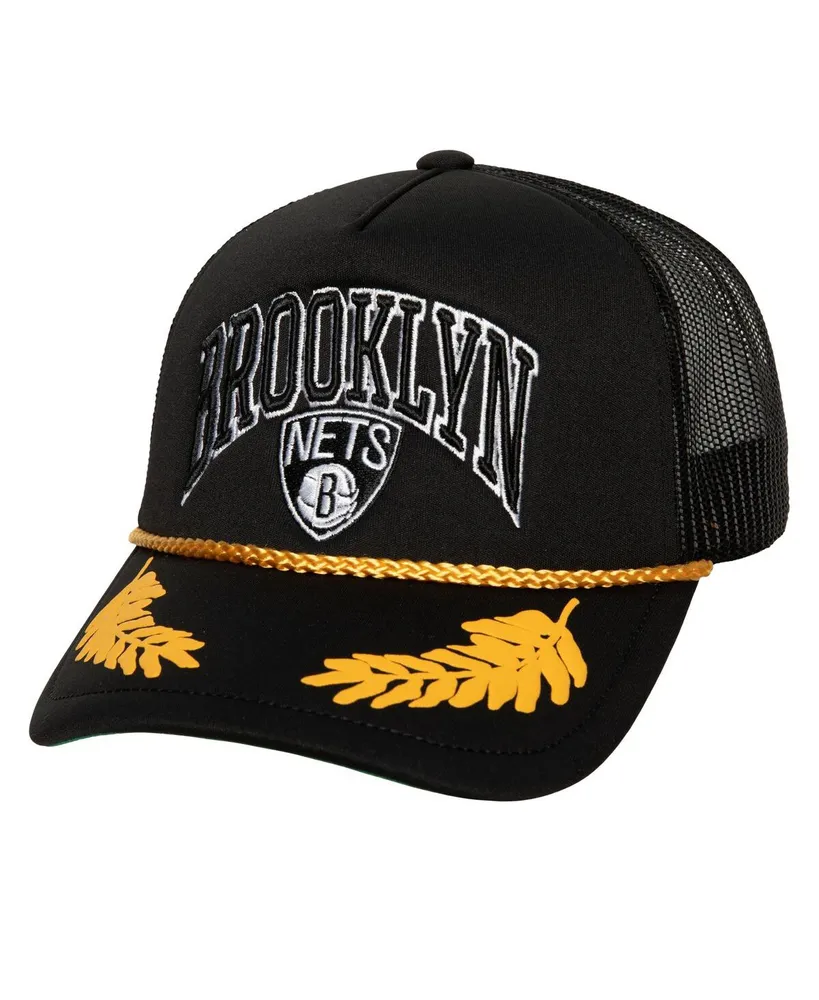 Men's Mitchell & Ness Black Brooklyn Nets Hardwood Classics Gold Leaf Mesh Trucker Snapback Hat