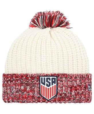 Big Girls New Era Cream Usmnt Fresh Cuffed Knit Hat with Pom