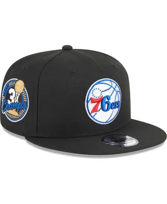 Men's New Era Black Philadelphia 76ers 3-Time Champions Commemorative Side Patch 9FIFTY Snapback Hat