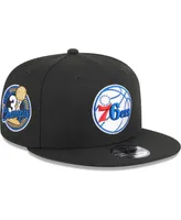 Men's New Era Black Philadelphia 76ers 3-Time Champions Commemorative Side Patch 9FIFTY Snapback Hat