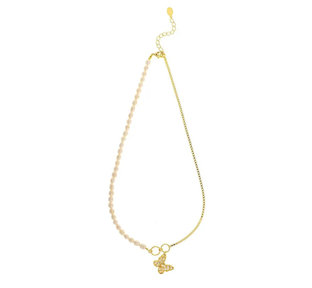 Rivka Friedman Pearl and Chain Necklace with Butterfly Cubic Zirconia Charm