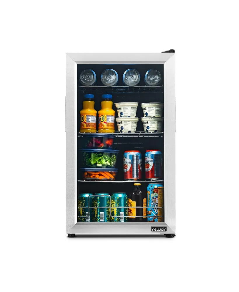 Newair 100 Can Beverage Fridge with Glass Door, Small Freestanding Mini Fridge in Stainless Steel, Perfect for Beer, Snacks or Soda