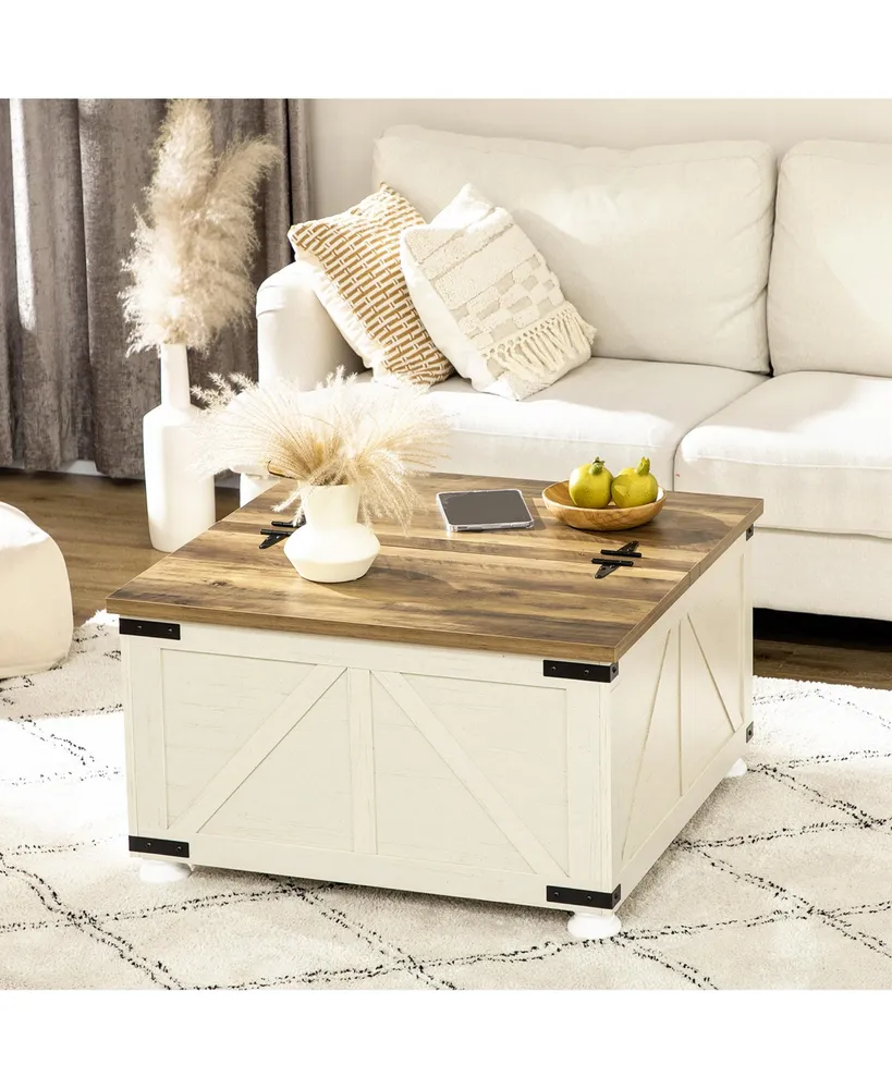 Homcom Farmhouse Coffee Table with Storage, Large Square Coffee Table