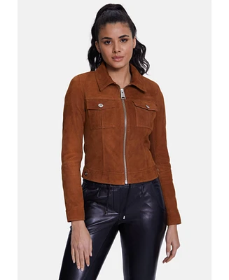 Furniq Uk Women's Denim Style Zipper Suede Jacket, Whiskey