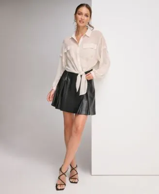 Dkny Womens Blouson Sleeve Tie Hem Button Front Top Faux Leather Pleated A Line Skirt