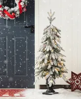 Glitzhome 4' Pre-Lit Flocked Fir Artificial Christmas Porch Tree with 100 Warm White Lights and Red Berries