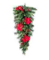 Glitzhome 3' Pre-Lit Greenery Pine Poinsettia and Red Berries Christmas Teardrop Swag with 50 Warm White Lights and Timer