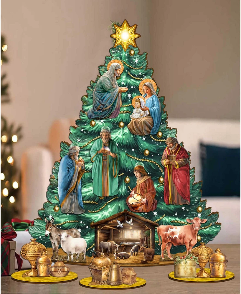 Designocracy Christmas Story Themed Wooden Christmas Tree with Ornaments Set of 13 G. DeBrekht