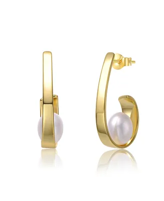 Genevive Elegant Sterling Silver & 14K Gold-Plated Ribbon Half-Hoop Earrings with White Freshwater Pearl Drops