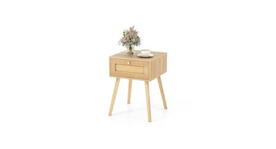 Modern Rattan Nightstand with Drawer and Solid Wood Legs for Bedroom and Living Room