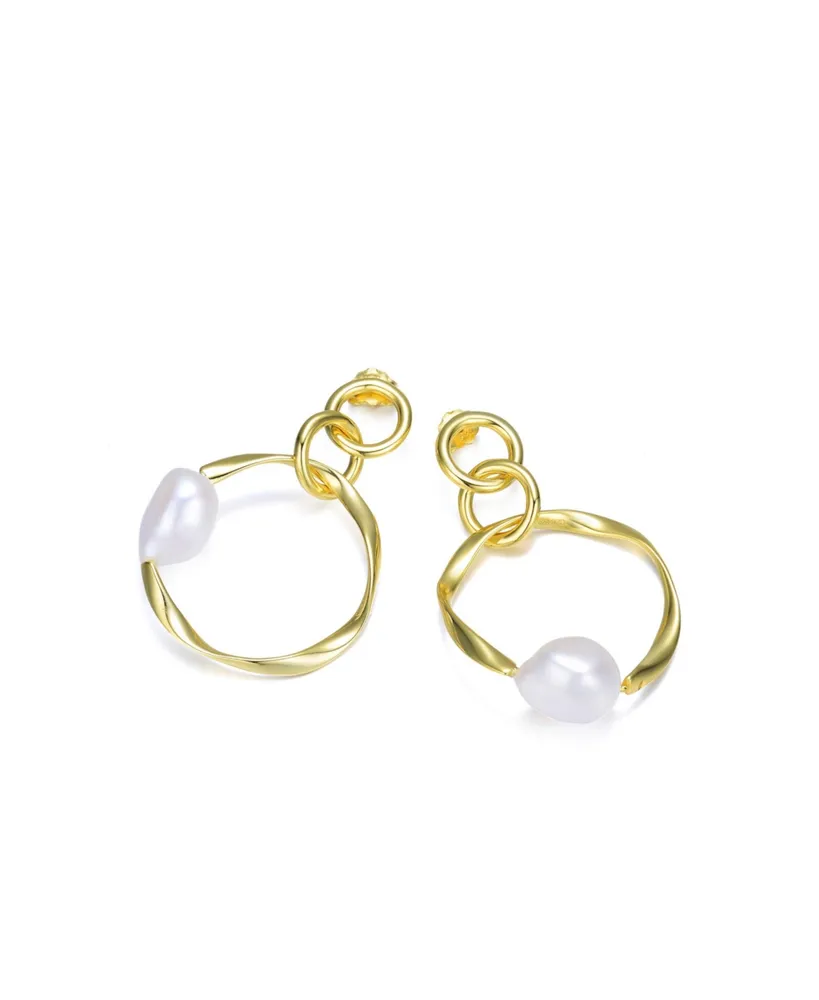 Genevive Elegant Sterling Silver 14K Gold Plating and Genuine Freshwater Pearl Round Dangling Earrings