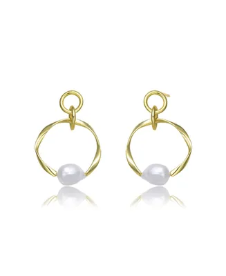 Genevive Elegant Sterling Silver 14K Gold Plating and Genuine Freshwater Pearl Round Dangling Earrings