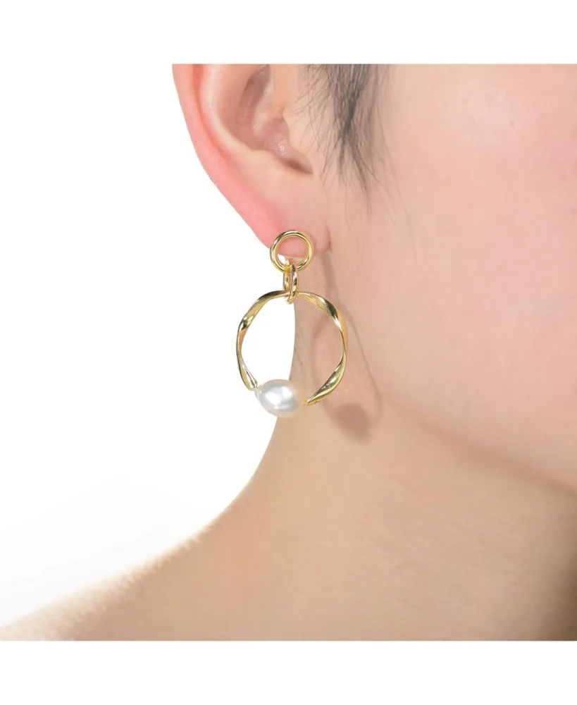 Genevive Elegant Sterling Silver 14K Gold Plating and Genuine Freshwater Pearl Round Dangling Earrings