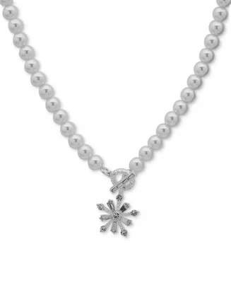 Anne Klein Silver-Tone Crystal Snowflake Imitation Pearl Pendant Necklace, 16" + 3" extender