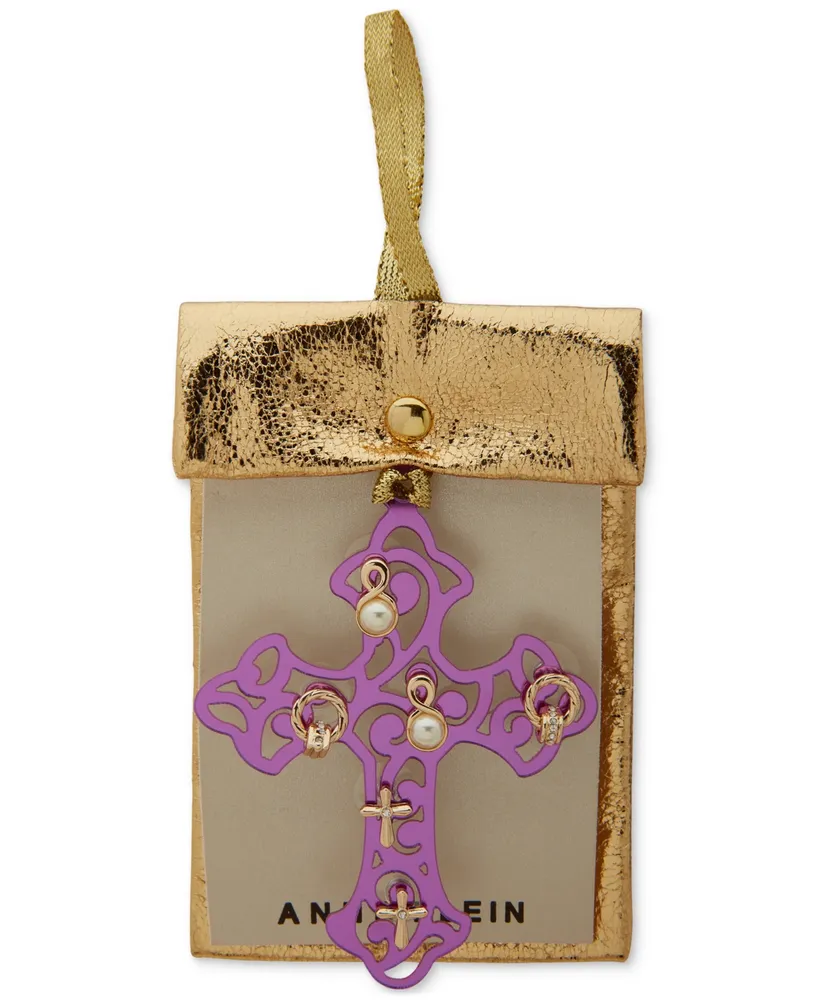 Anne Klein Purple Cross Ornament & Gold-Tone 3-Pc. Earrings Set