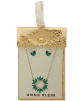 Anne Klein Gold-Tone Crystal & Green Stone Cluster Pendant Necklace & Stud Earrings Set