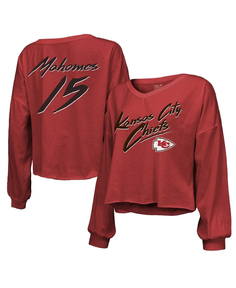 Majestic Women's Majestic Threads Patrick Mahomes Red Kansas City Chiefs  Name and Number Off-Shoulder Script Cropped Long Sleeve V-Neck T-shirt