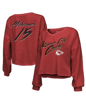 Women's Majestic Threads Patrick Mahomes Red Kansas City Chiefs Name and Number Off-Shoulder Script Cropped Long Sleeve V-Neck T-shirt