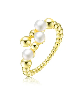 Genevive Sterling Silver 14K Gold Plated Genuine Freshwater Pearl and Cubic Zirconia Adjustable Ring
