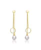 Genevive Sterling Silver 14k Yellow Gold Plated with White Freshwater Pearl & Eternity Circle Asymmetrical Double Linear Drop Fringe Earrings